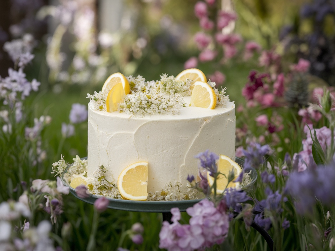 A lemon elderflower cake with lemon slices and flowers on top, set against a backdrop of colorful spring flowers.