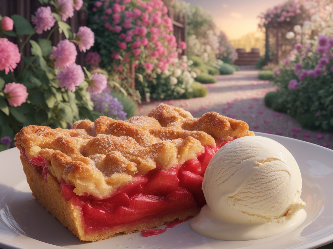 A slice of rhubarb crisp on a plate with a scoop of vanilla ice cream, set in a beautiful garden