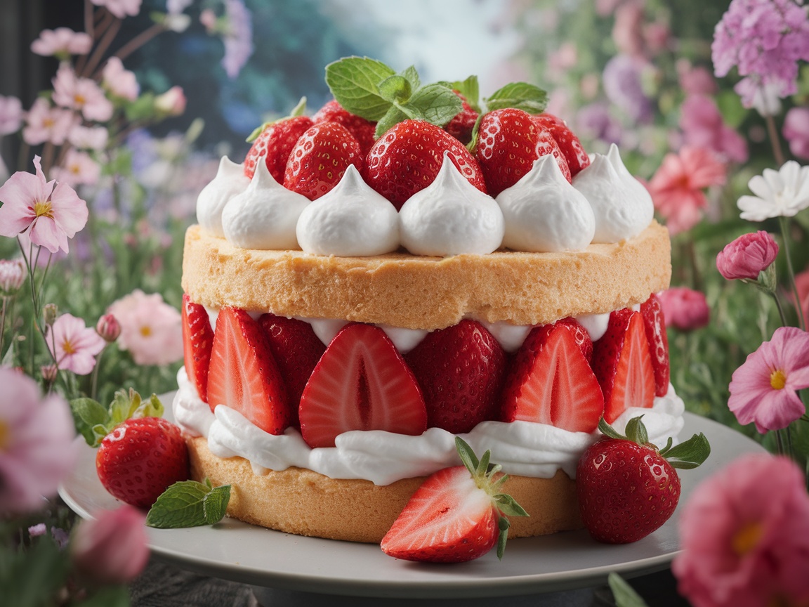 A layered strawberry shortcake with fresh strawberries and whipped cream, set among colorful spring flowers.