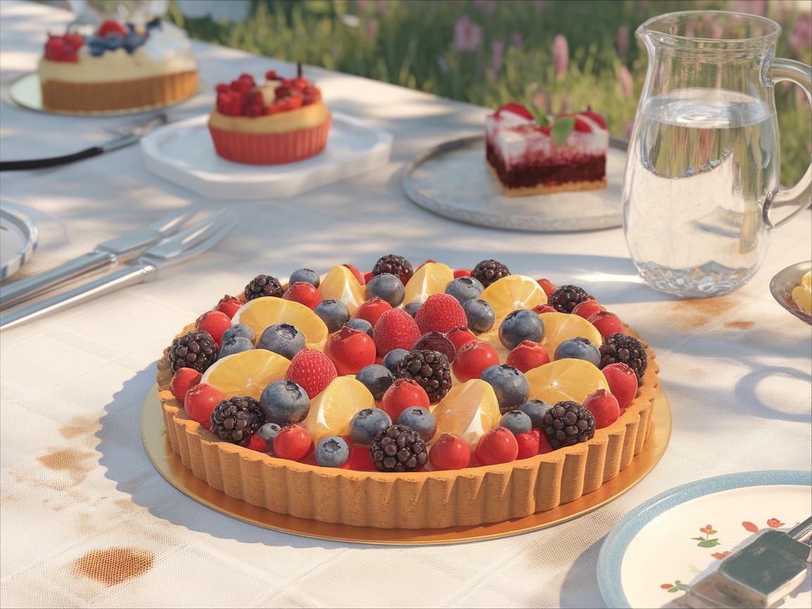 A summer berry tart topped with fresh fruits on a picnic table.