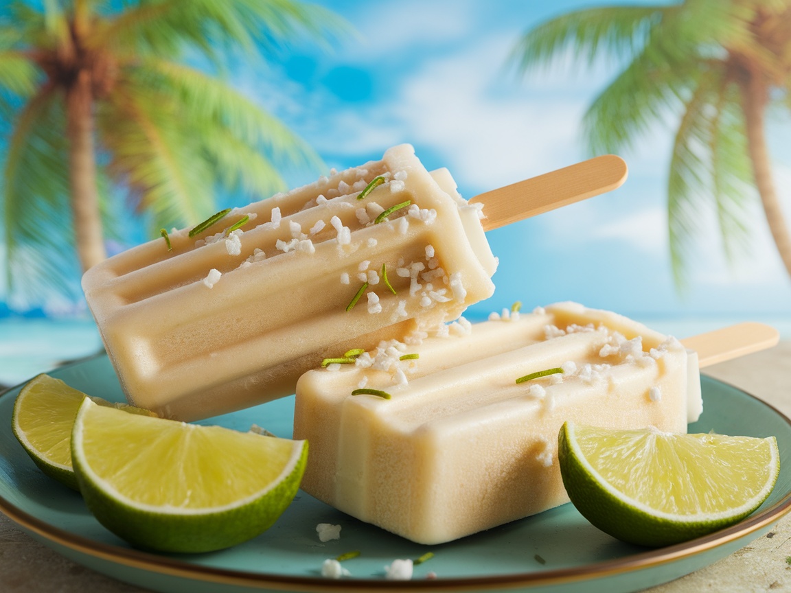 Two coconut lime popsicles on a plate with lime wedges, set against a tropical background.