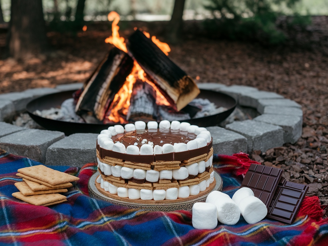 A S'mores cake made of graham crackers, chocolate, and marshmallows, placed on a blanket near a campfire.