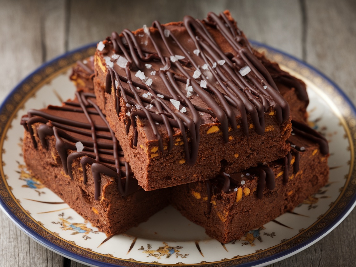 Delicious sweet potato brownies topped with chocolate drizzle and sea salt on a decorative plate.