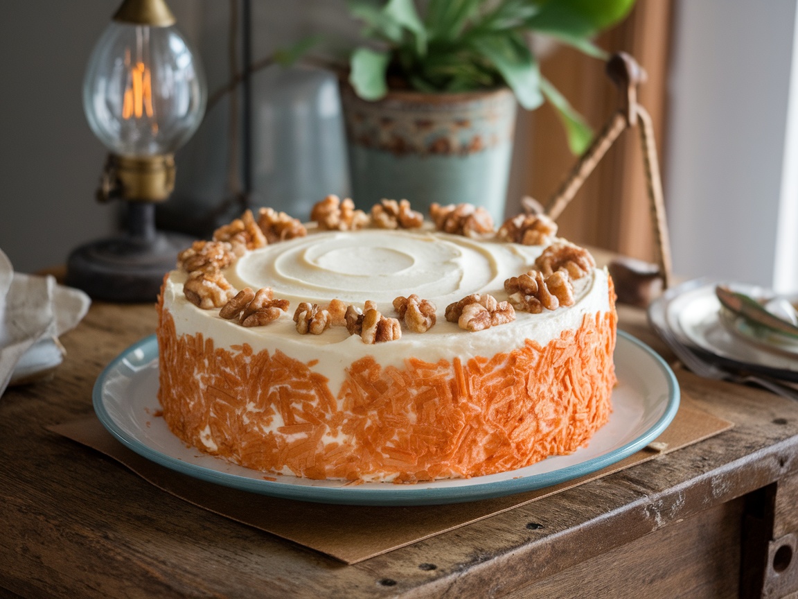 A classic carrot cake with cream cheese frosting, decorated with walnuts and carrots, on a wooden table.