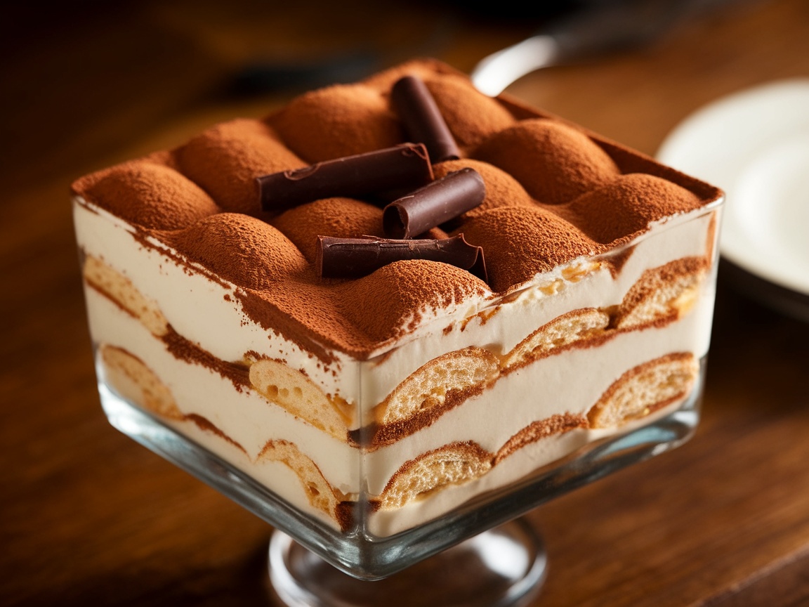 Classic Italian Tiramisu dessert with layered mascarpone and coffee-soaked ladyfingers, garnished with cocoa powder and chocolate shavings, served in a glass dish.