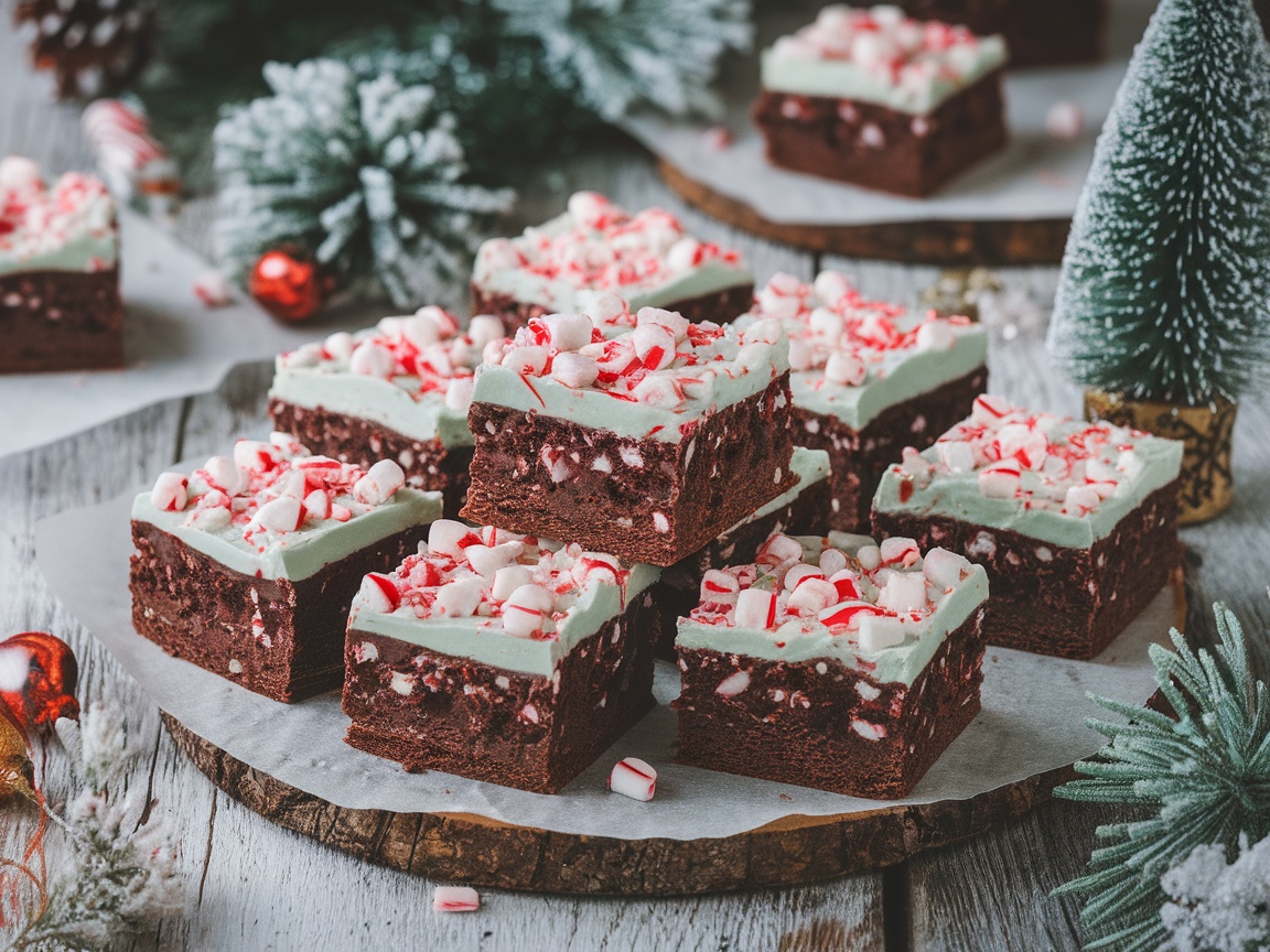 A plate of winter chocolate peppermint brownies topped with crushed peppermint candies and green frosting, set against a festive backdrop.