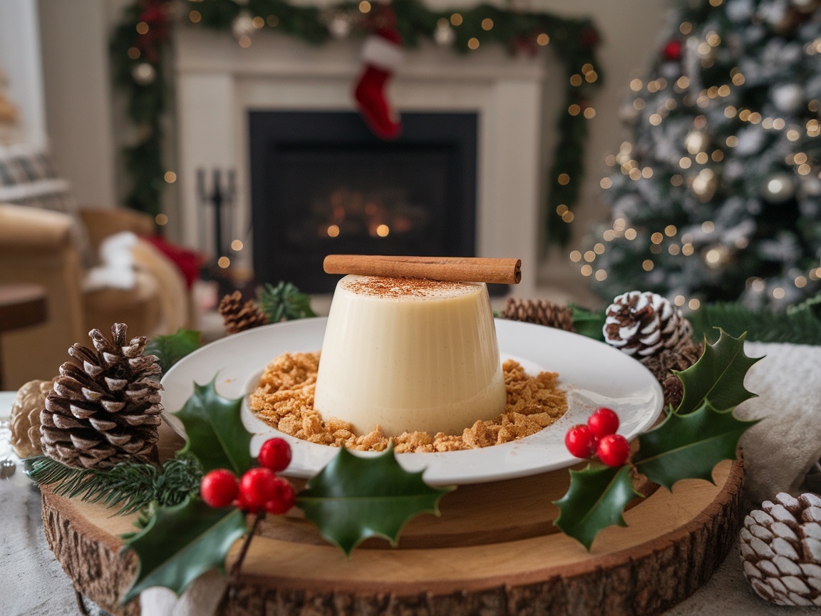 A glass of Eggnog Panna Cotta with cinnamon sticks, surrounded by festive decorations.