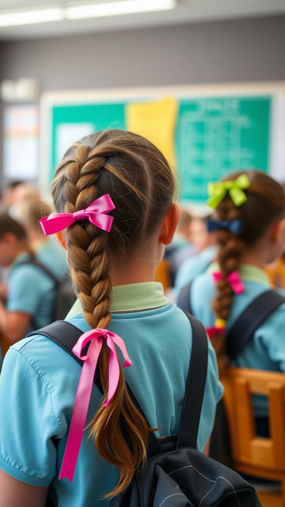 Two girls with double braided pigtails adorned with colorful bows in a classroom setting.