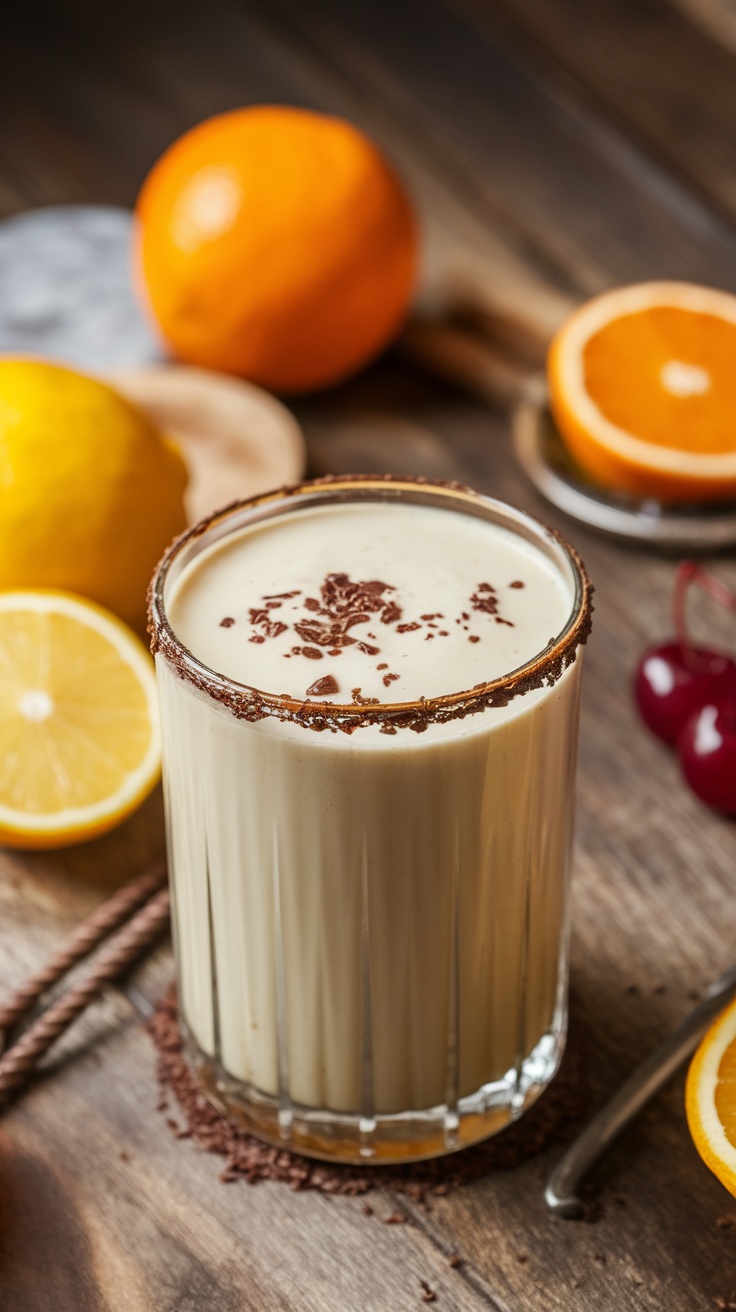A Baileys Mint Martini garnished with chocolate shavings, surrounded by fresh citrus fruits.