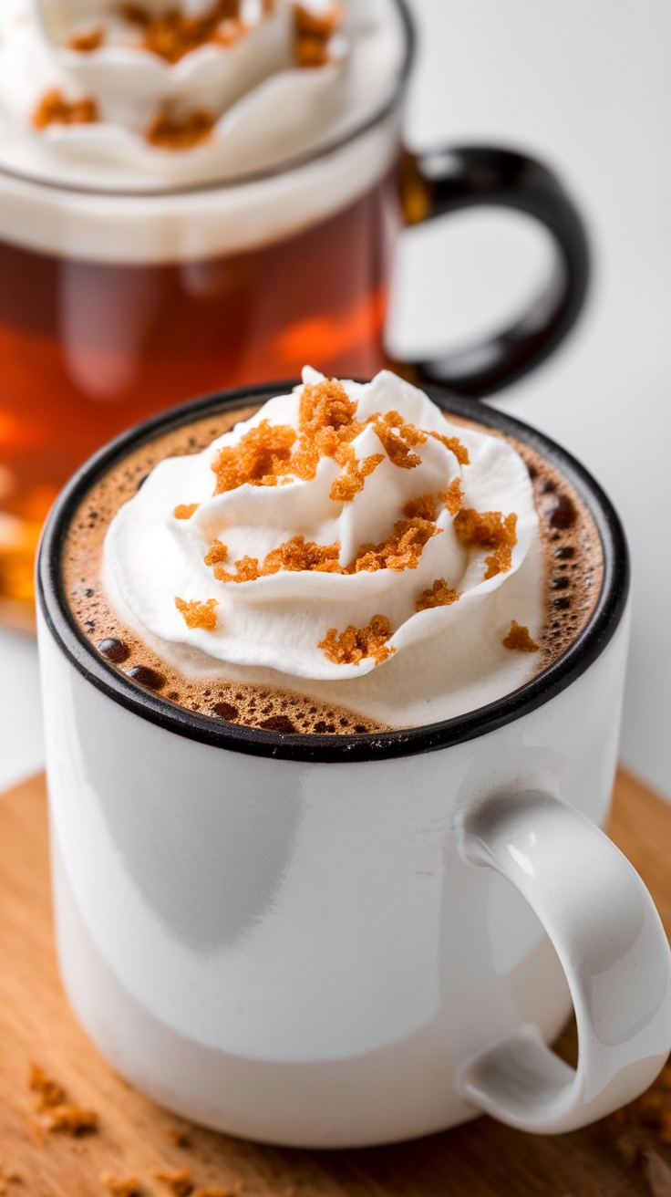 A close-up of a cup of Irish coffee topped with whipped cream and crumbs, with another glass in the background for St Patricks Day drinks