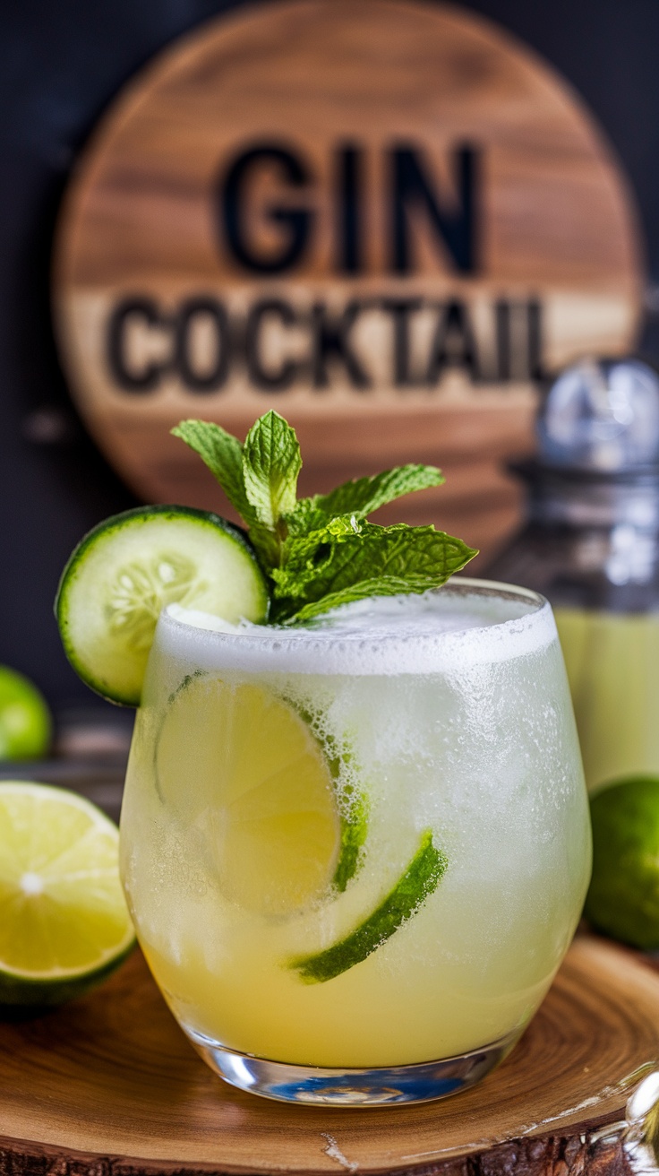 A refreshing Emerald Gin Fizz cocktail with mint and lime, served in a glass on a wooden surface