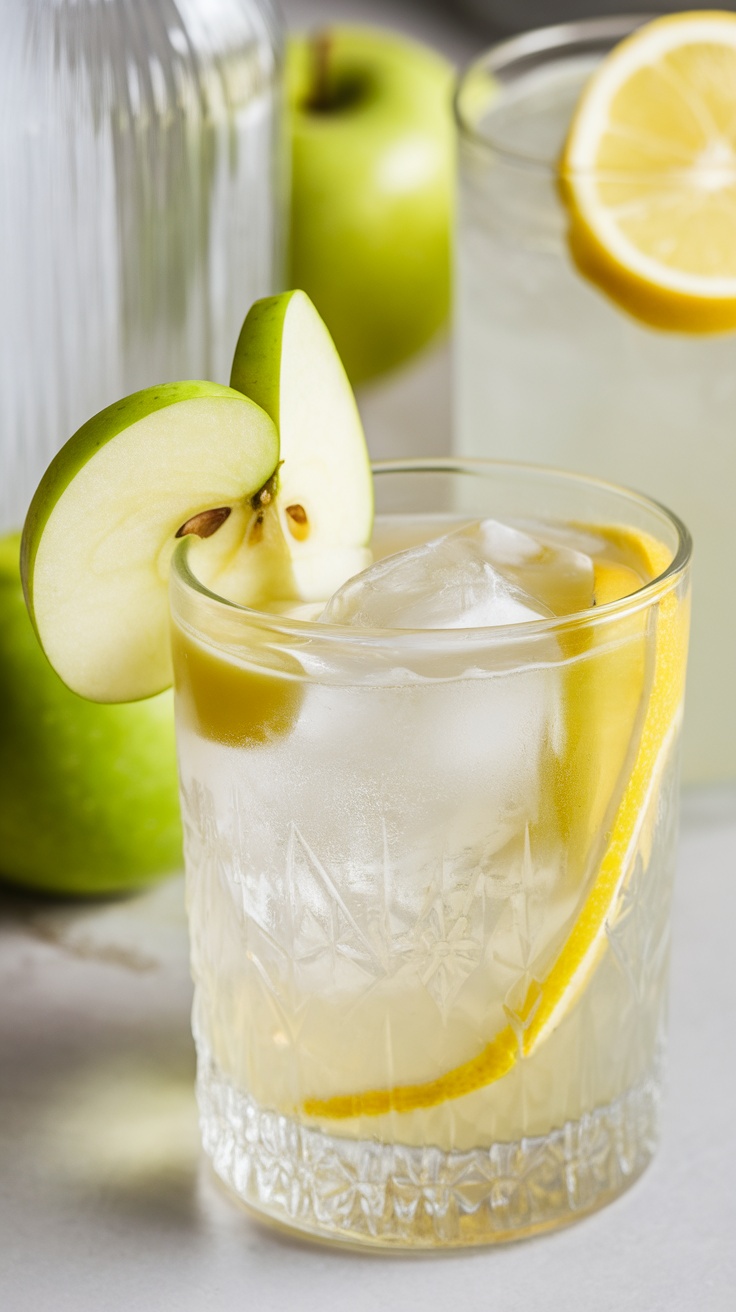 A refreshing Green Apple Vodka Cooler garnished with a slice of green apple and a lemon twist.