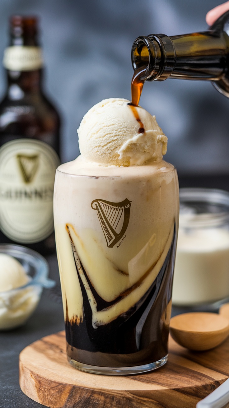 A glass of Guinness beer float topped with vanilla ice cream, with a bottle of Guinness in the background.