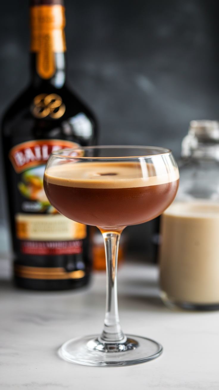 A beautifully crafted Irish Espresso Martini with Baileys in the background. St Patricks Day drinks.