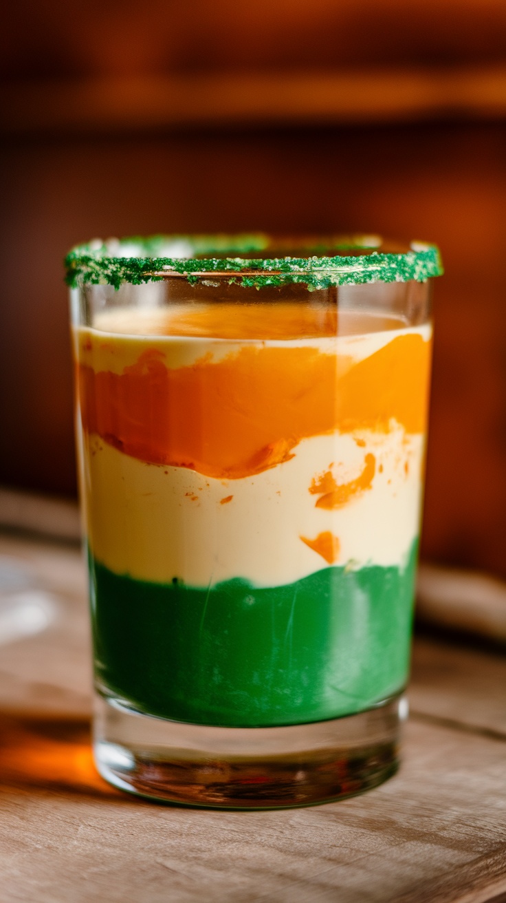 Layered Irish flag shooter with green, white, and orange colors in a glass for v.
