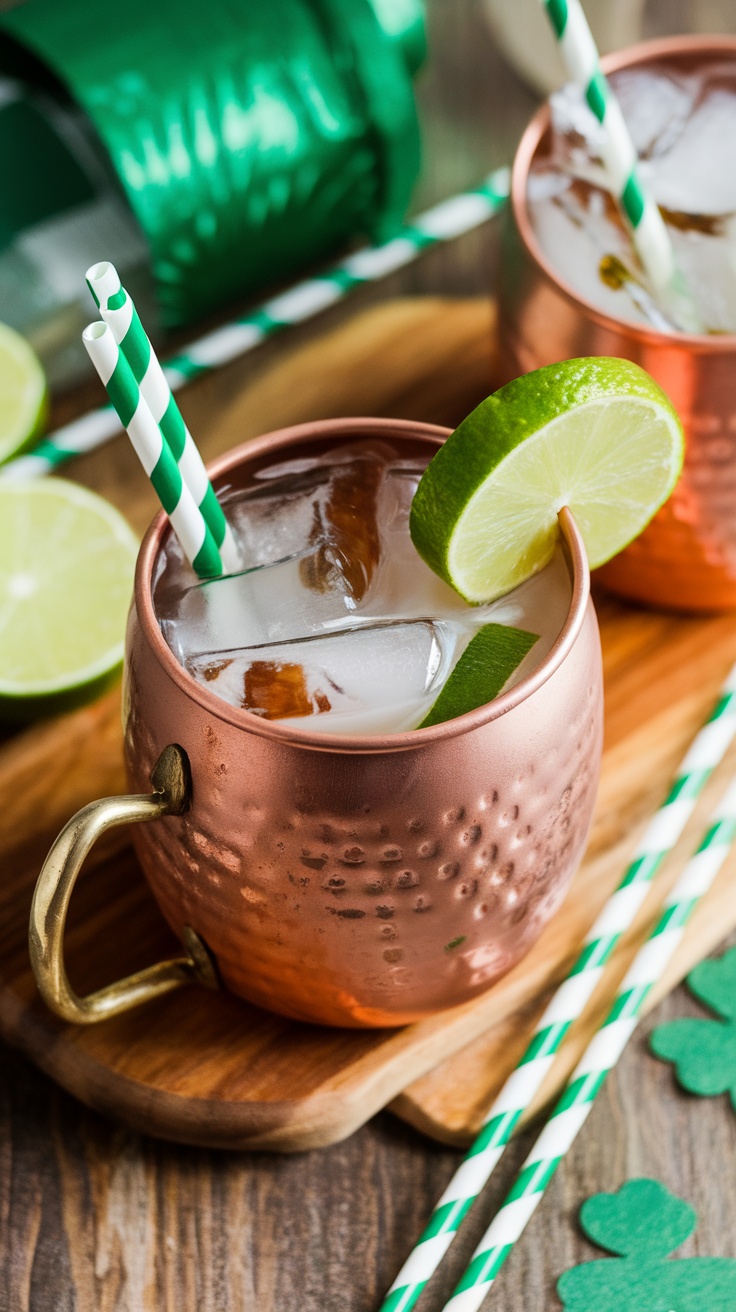 Irish Mule cocktail served in a copper mug with lime and green straws