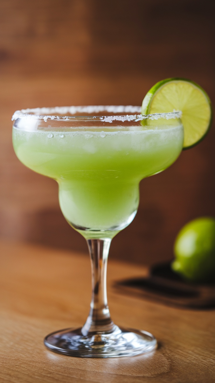 Green margarita in a glass, garnished with a lime slice St Patricks Day drinks.