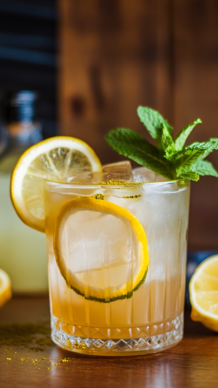 A refreshing Matcha Whiskey Sour cocktail garnished with mint and lemon slices for St Patricks Day drinks.