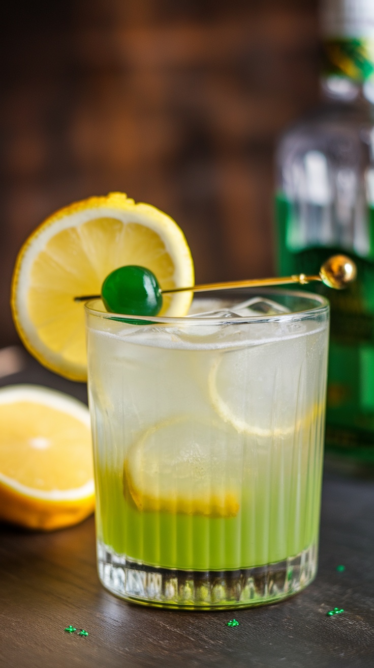 A refreshing Shamrock Sour cocktail with lemon and green garnish for St Patricks Day drinks