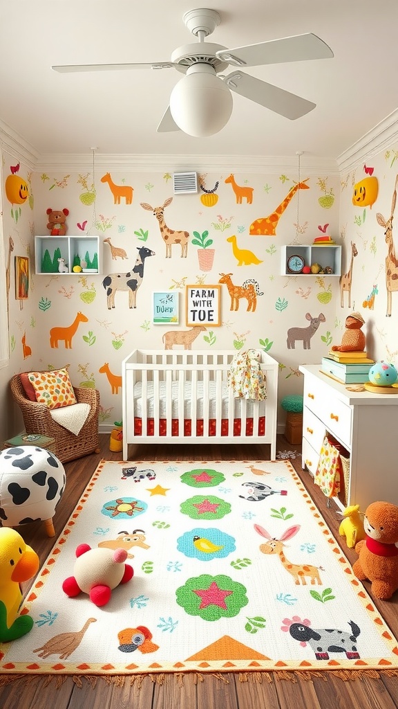 A colorful nursery with farmyard animal decorations, including a crib, bright rug, and playful toys.