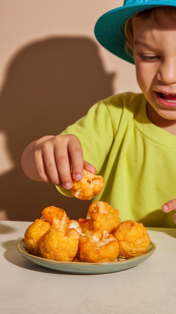 A child enjoying cheesy cauliflower tots, reaching for one from a plate.