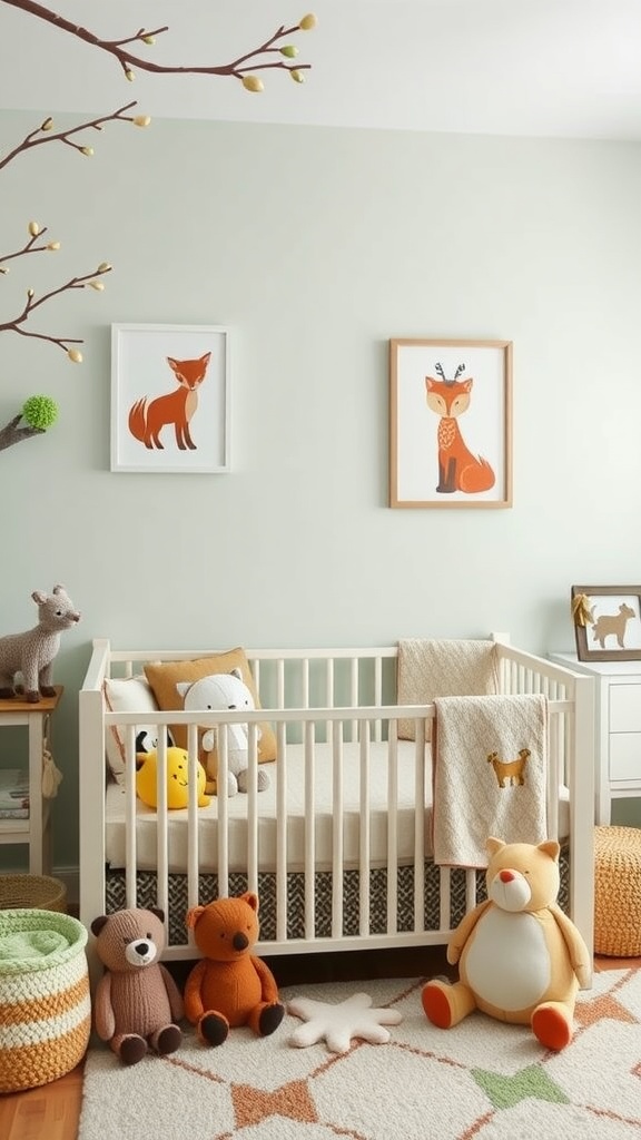 A nursery decorated with classic woodland creatures, featuring a crib, plush toys, and wall art of animals.