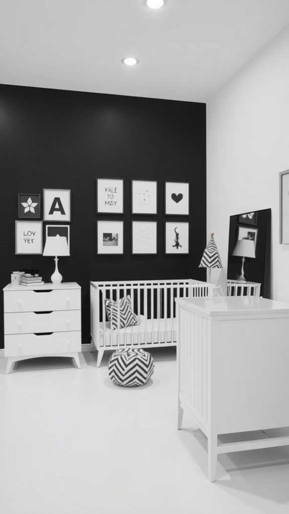 A stylish monochrome nursery featuring a black wall, white furniture, and minimal decor.