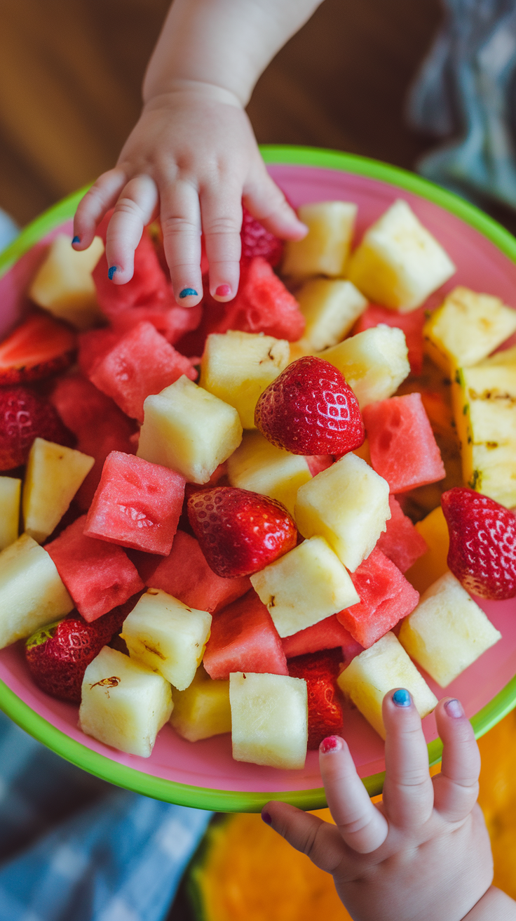 A plate with fruit cubes including watermelon, pineapple, and strawberries, with small hands reaching for them.