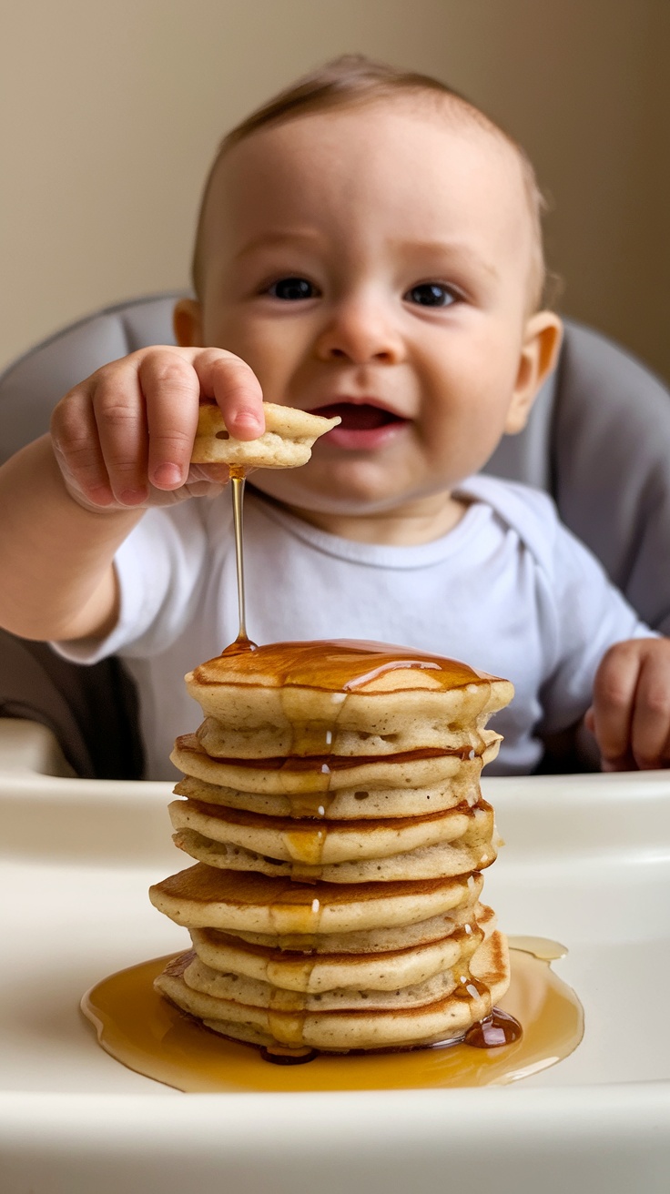 A baby reaching for a stack of mini banana pancakes drizzled with syrup.