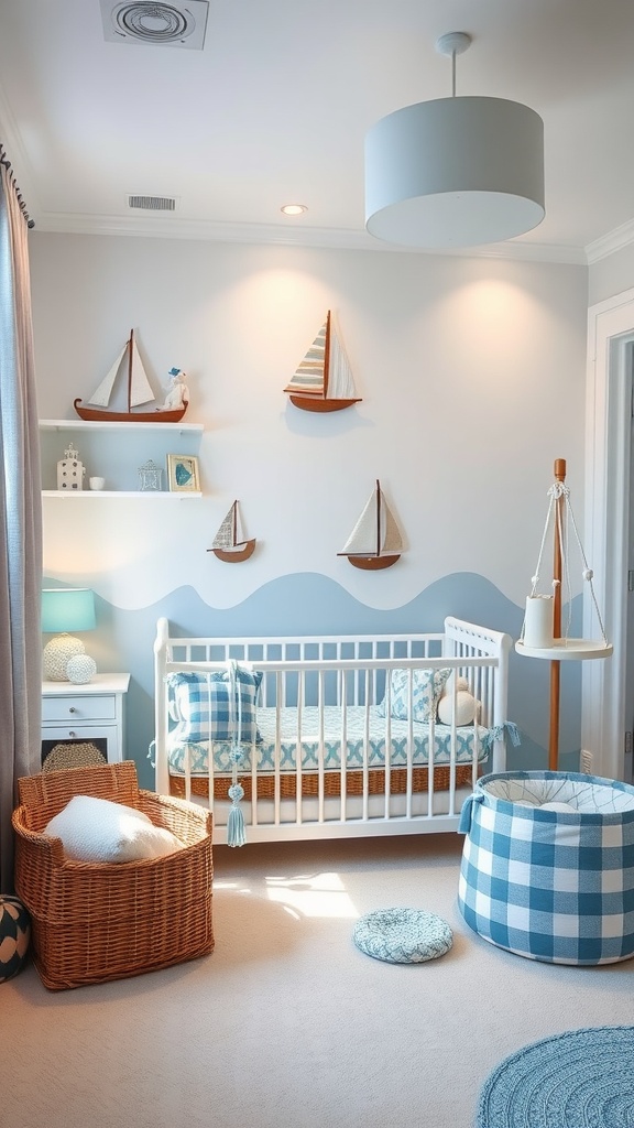 A beautifully designed nursery with a nautical theme featuring a crib, decorative boats, and soft blue accents.