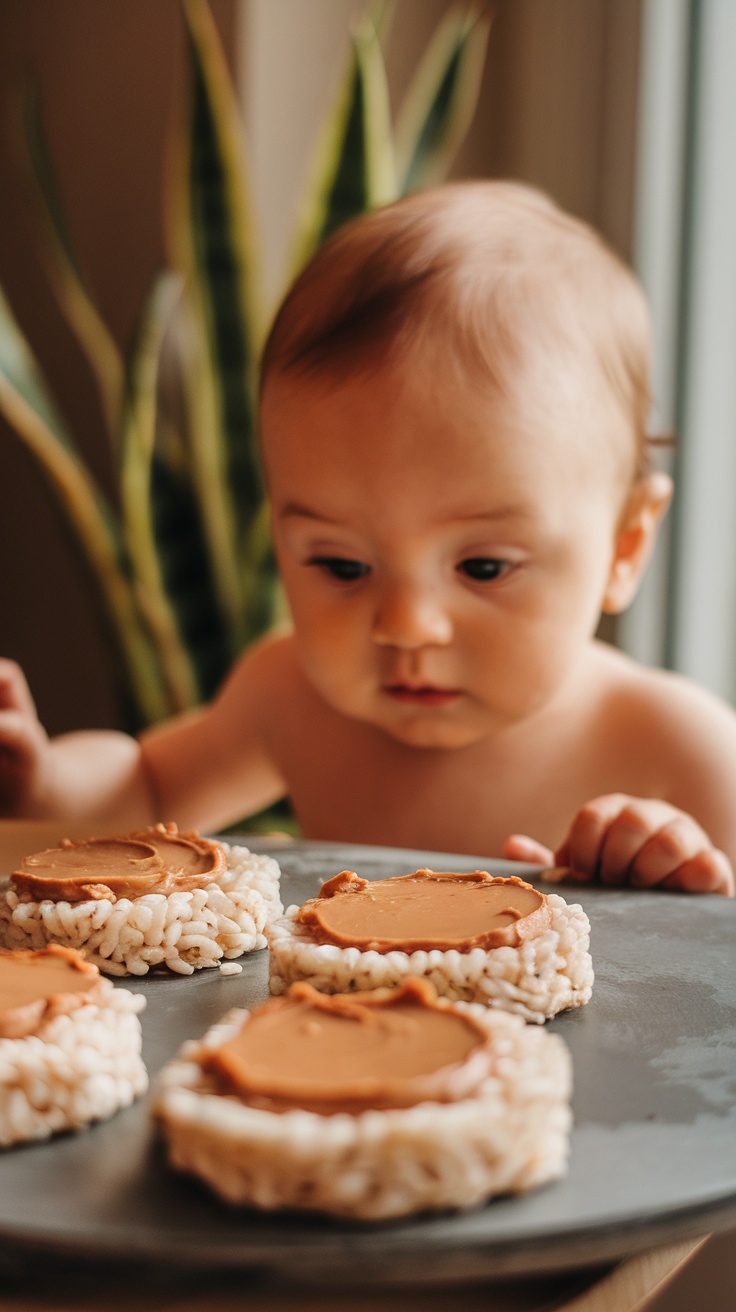 A baby looks at rice cakes topped with nut butter on a plate.