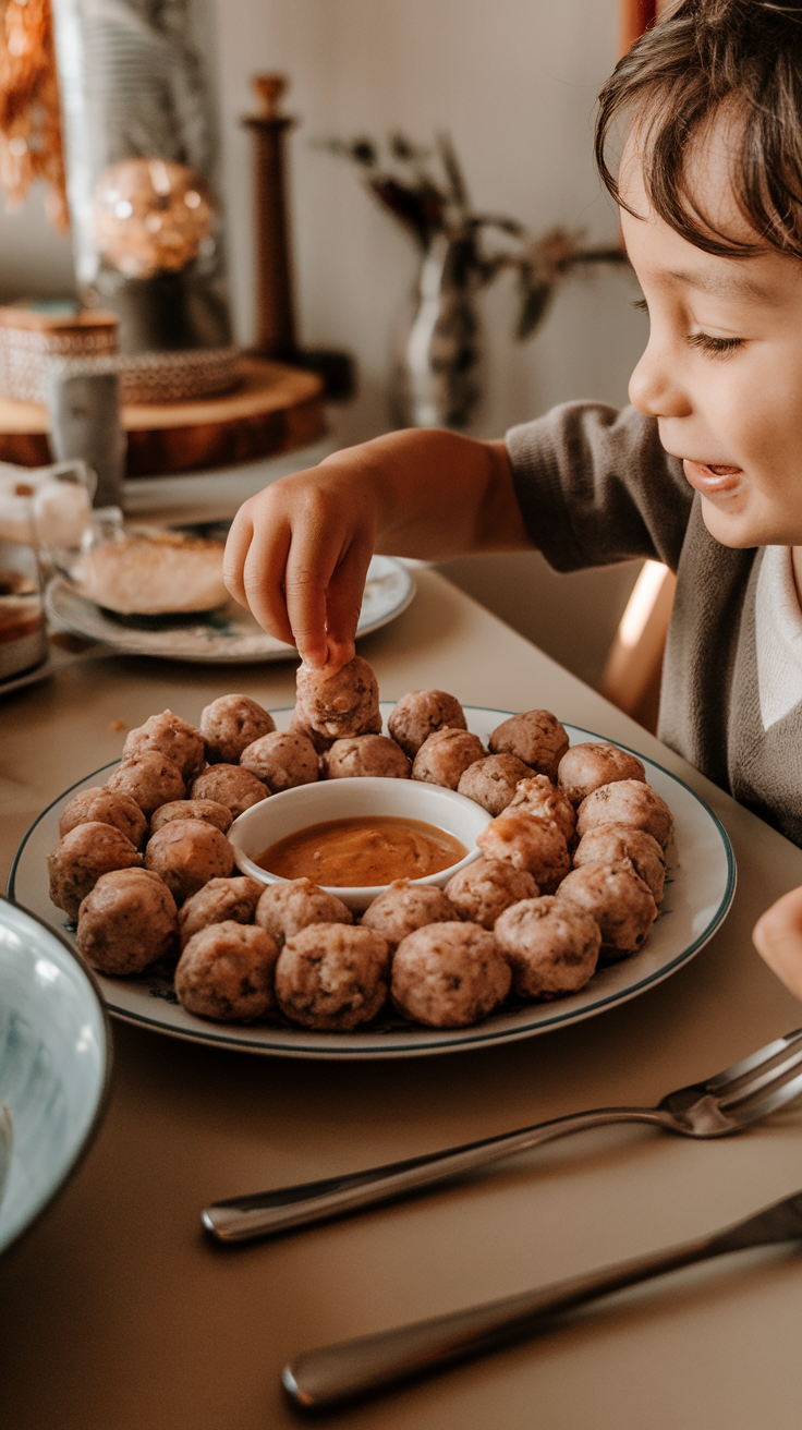 A child enjoying small meatballs with a dipping sauce.