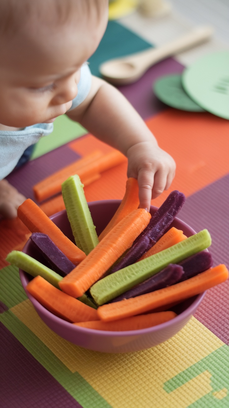 A baby reaching for colorful soft-cooked carrot sticks in a bowl.