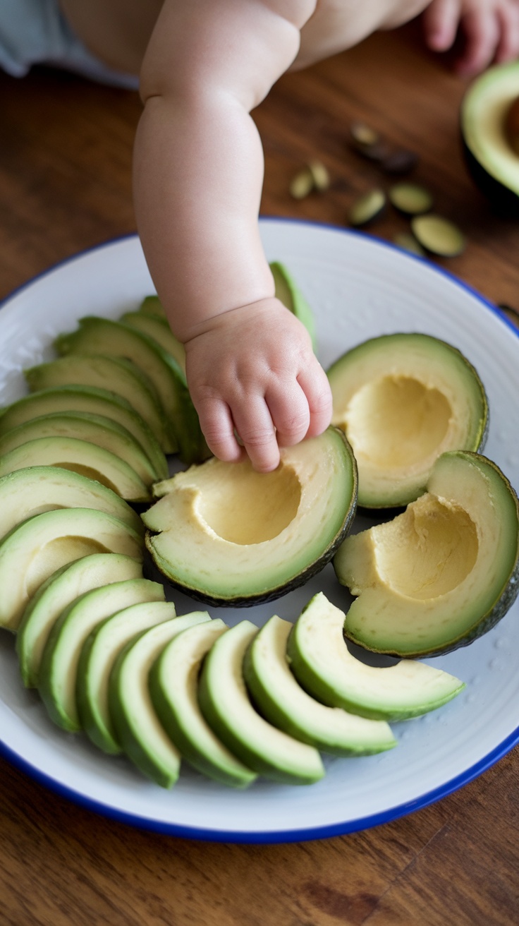 A close-up of a small hand reaching for a soft avocado slice on a plate.