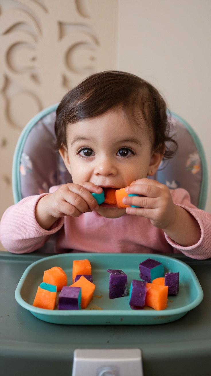 A small child happily eating colorful steamed sweet potato cubes, showcasing their ease of grasping.