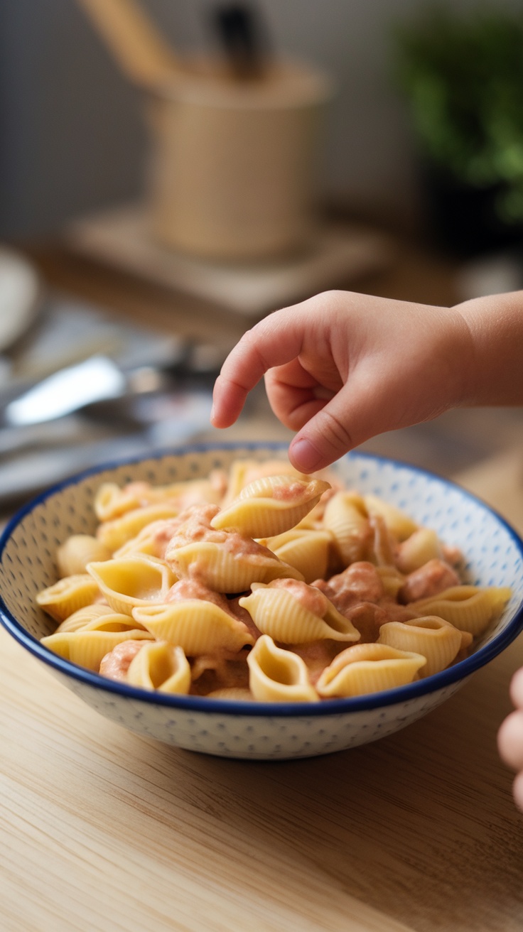 A child's hand reaching for tiny pasta shells in a bowl.