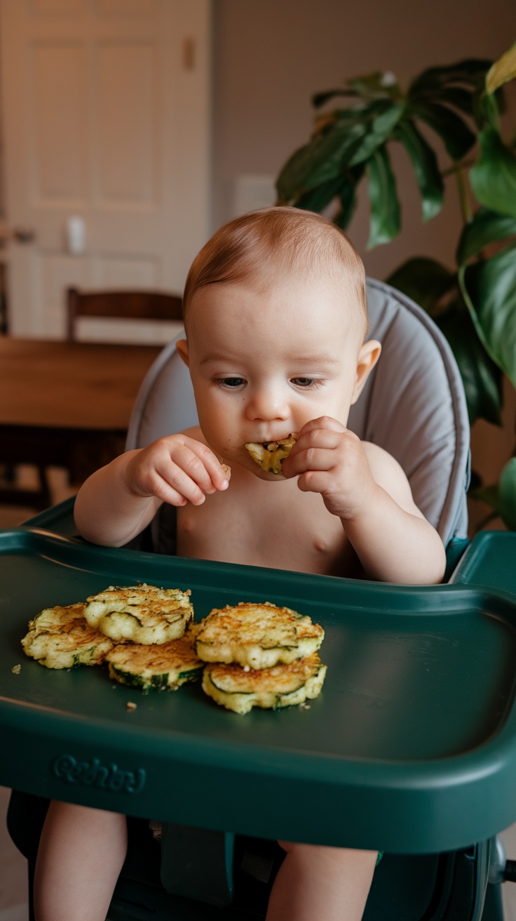 A baby sitting in a high chair enjoying zucchini fritters.