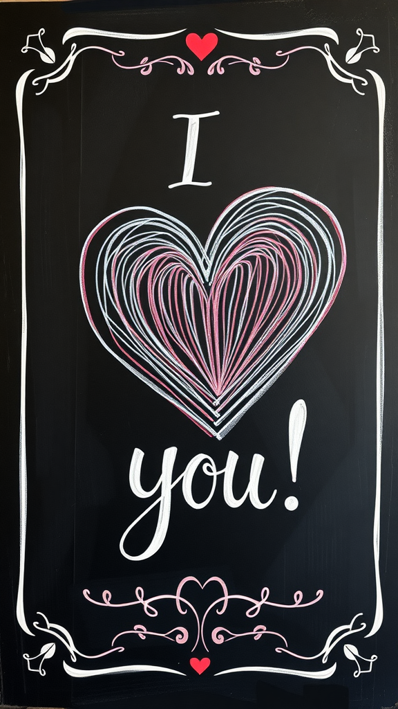 A chalkboard sign with a heart design and romantic quote