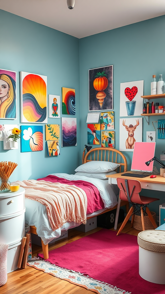 A cozy artistic studio bedroom with artwork on the walls, a desk, and a cute dog lying on the floor.