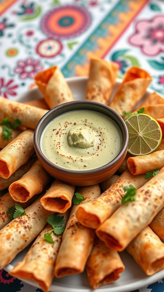 A plate of crispy vegan taquitos arranged around a bowl of avocado lime crema, garnished with lime and fresh cilantro.