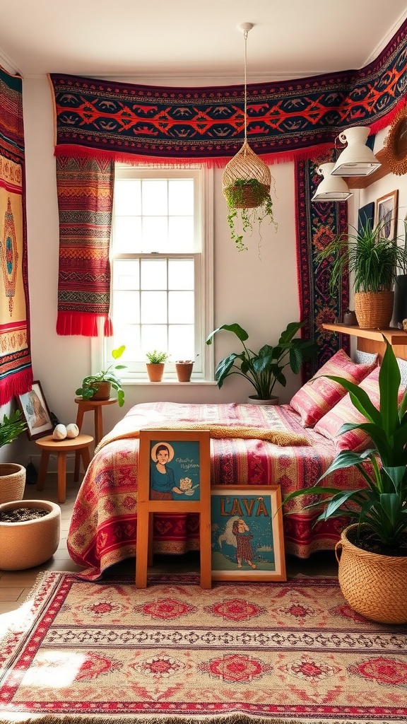 Cozy bohemian bedroom with colorful textiles and plants.