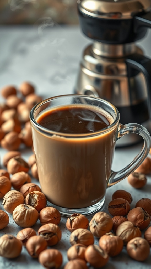 A steaming cup of hazelnut coffee next to a coffee maker and scattered hazelnuts.