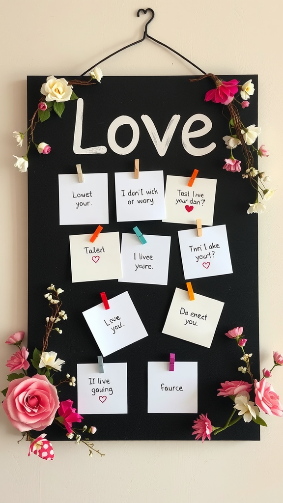 A display of love notes with messages, hearts, and flowers for Valentine's Day decorations.