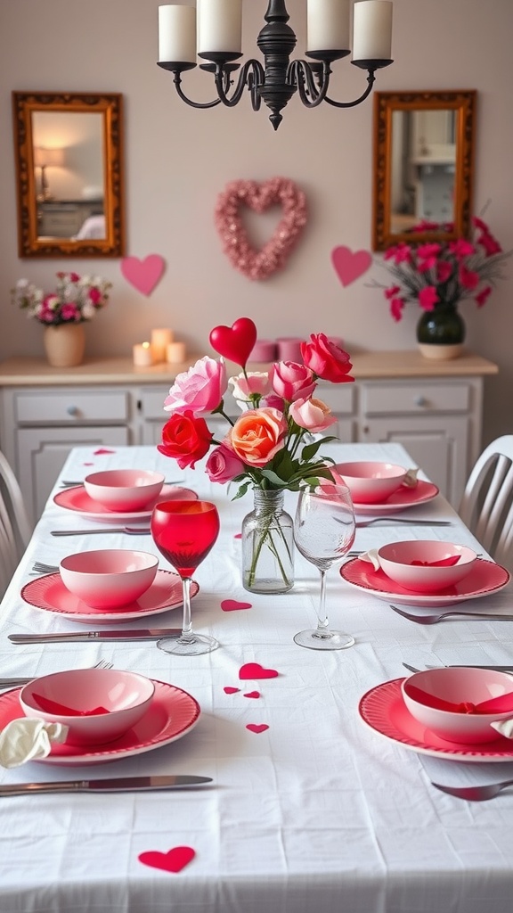 A cheerful Valentine’s Day table setting with pink and red decorations, flowers, and heart-shaped elements.