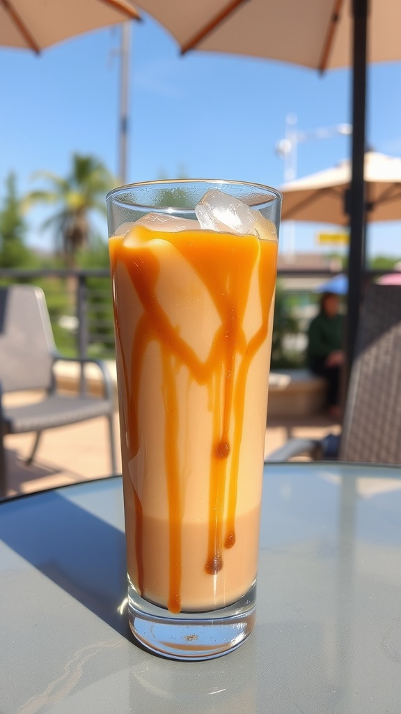 A glass of Caramel Hazelnut Iced Coffee with ice and caramel drizzle, set outdoors.