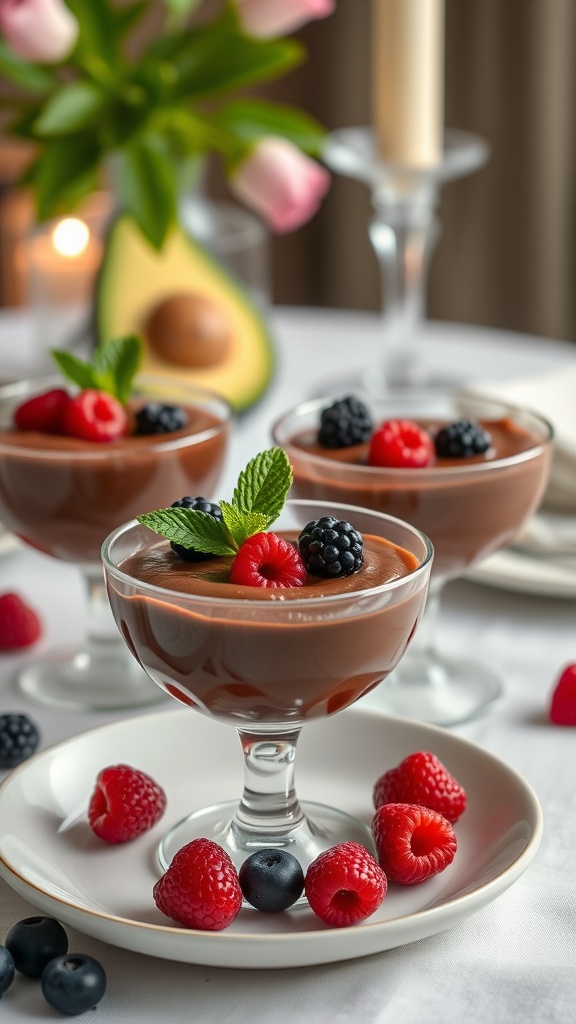 Delicious chocolate avocado mousse garnished with berries