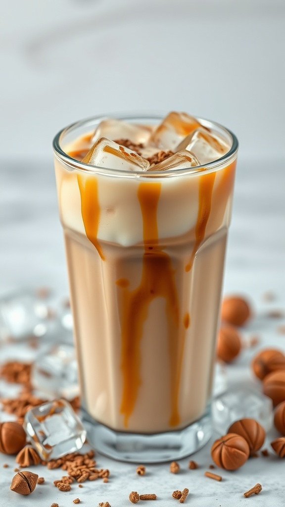 A glass of Caramel Hazelnut Iced Coffee with ice cubes and caramel drizzle, surrounded by chocolate candies.