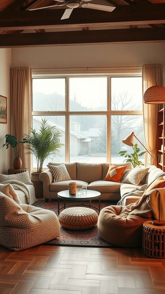 Cozy boho living room with soft seating and natural light.