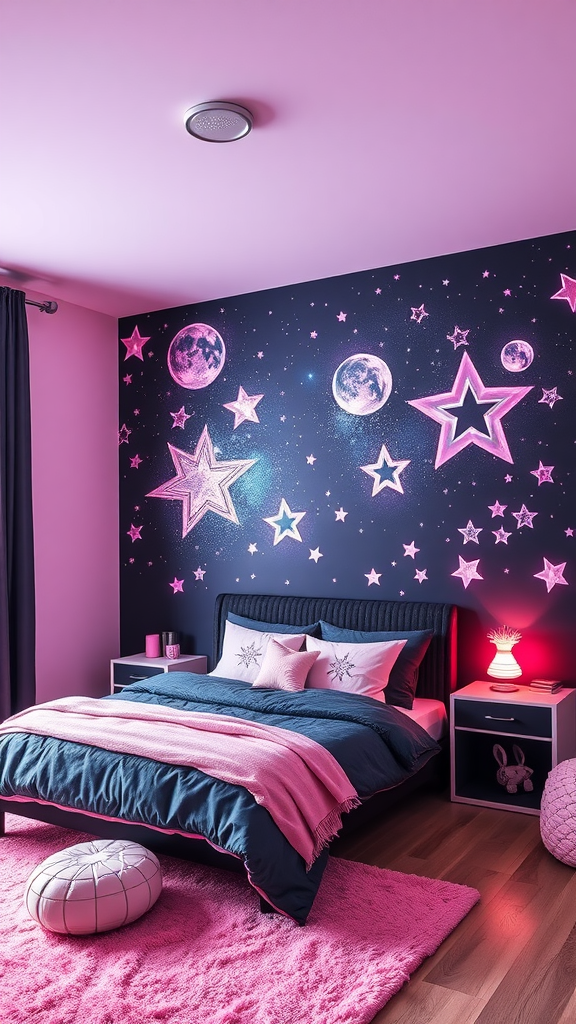 A cozy bedroom featuring galaxy-themed wall designs, dark colors, and soft bedding.