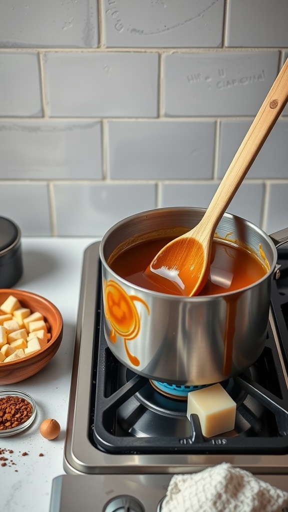 A pot of caramel syrup on the stove with a wooden spoon, surrounded by ingredients for the syrup.